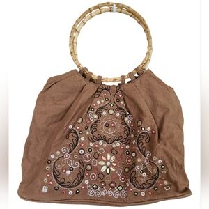 Madison Studio Brown Embroidered Bamboo-Handle Women’s Tote Purse Pocketbook